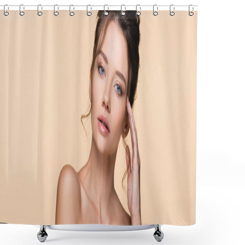 Personality  Pretty Model With Naked Shoulders Looking At Camera Isolated On Beige, Banner  Shower Curtains