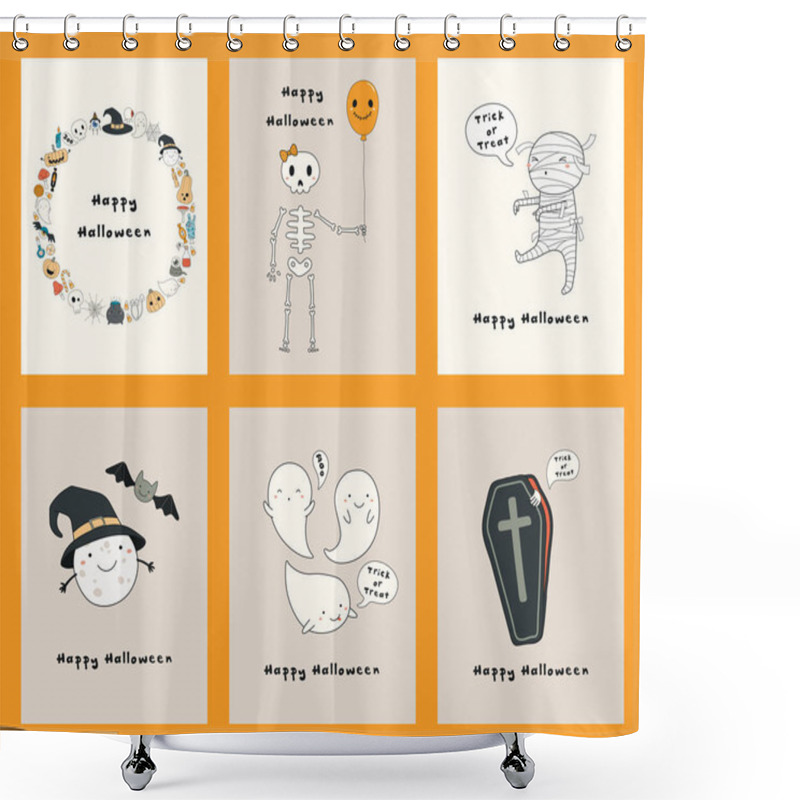 Personality  Set Of Halloween Hand Drawn Greeting Cards With Kawaii Funny Characters, Text, Mummy, Skeleton, Pumpkins, Ghosts, Design Concept For Kids Print And Party Invitation. Shower Curtains