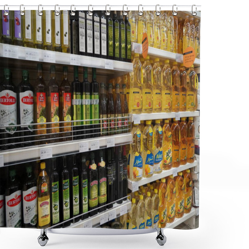 Personality  Bottles Of Cooking Oils For Sale. Corn, Sunflower, Extra Virgin Olive Oils. Rows Of High Quality Healthy Cooking Oil. Variety Brand Of Cooking Oil On Display Rack, Shelf - Dubai UAE December 2019 Shower Curtains