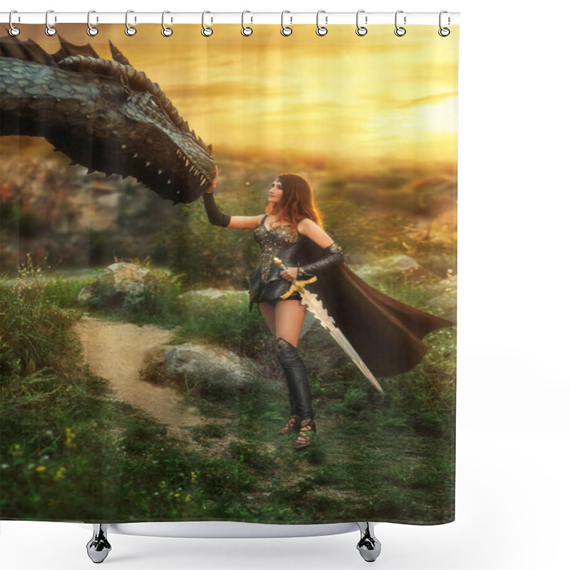 Personality   Fantasy Female Warrior Holding Sword Hand Touches Dragon. Green Grass Mountains Sunset Light. Warrior Queen Sexy Costume Creative Design Clothing Leather Armor Bronze Chain Mail. Cape Fly On Wind. Shower Curtains