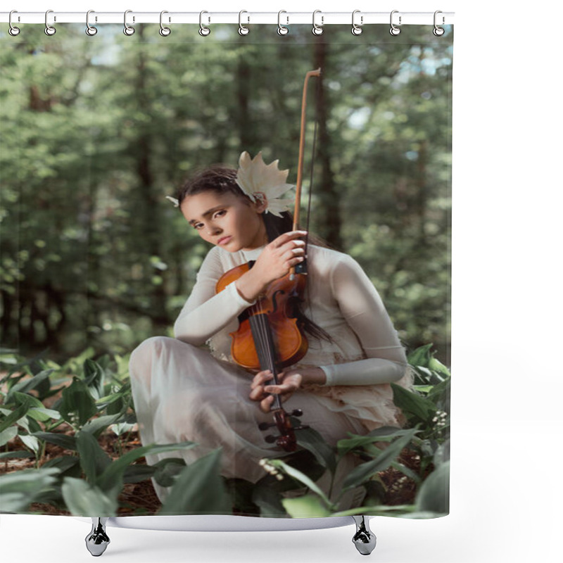 Personality  Young Woman In White Swan Costume Standing On Ground With Violin, Looking At Camera Shower Curtains