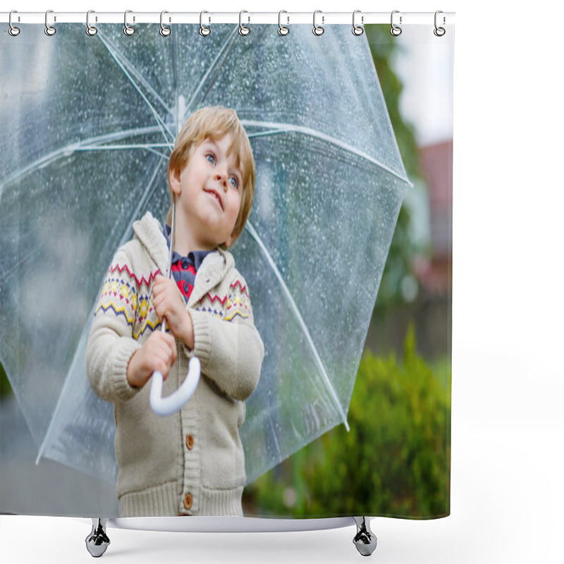 Personality  Little Blond Kid Boy Walking With Big Umbrella Outdoors Shower Curtains