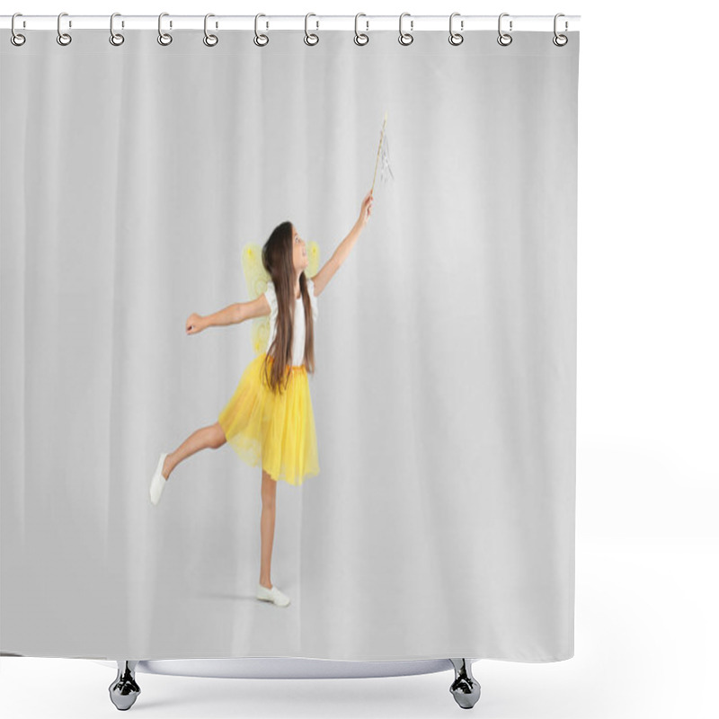 Personality  Cute Little Girl In Fairy Costume With Yellow Wings And Magic Wand On Light Background Shower Curtains