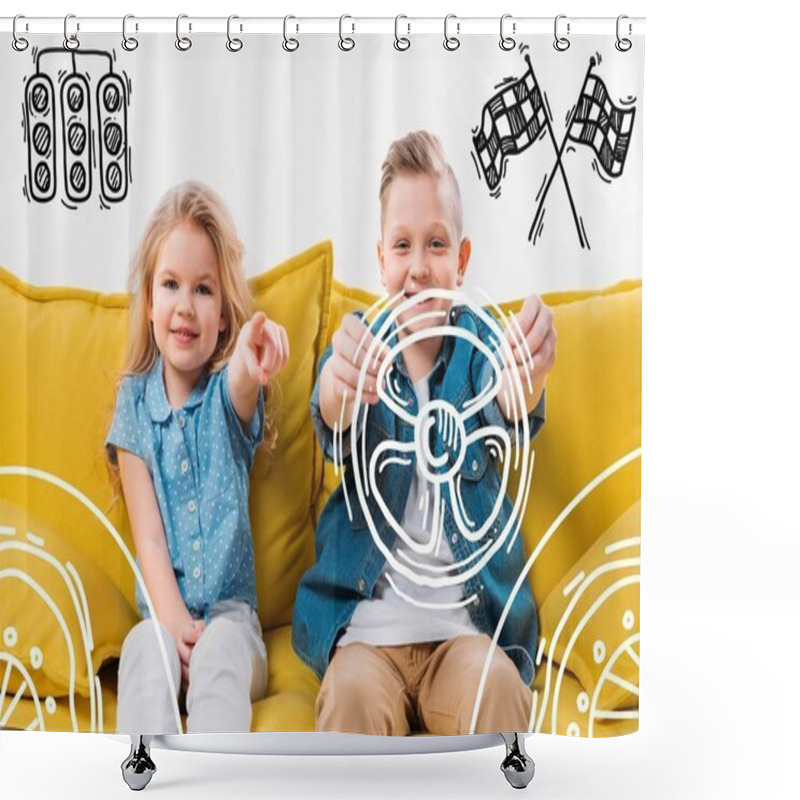 Personality  Little Boy Driving Drawn Car And Sister Pointing While Sitting On Yellow Sofa  Shower Curtains