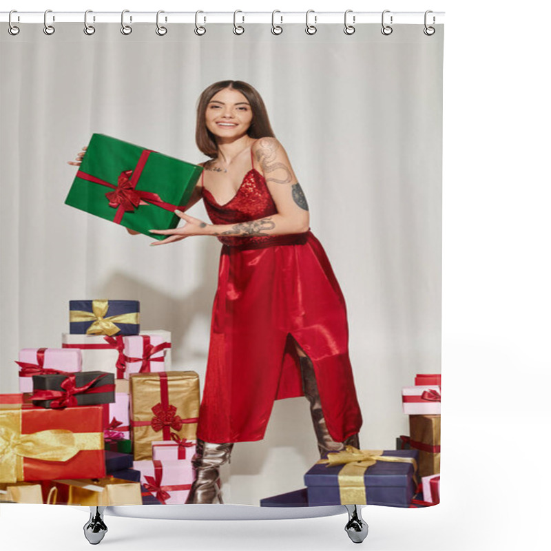 Personality  Joyous Beautiful Woman In Festive Attire Surrounded By Presents Holding One In Hands, Holiday Gifts Shower Curtains