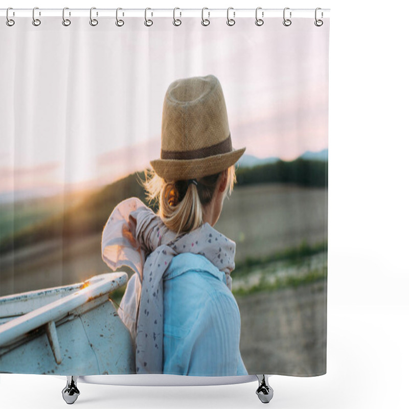 Personality  Back View Of Traveler Woman At Sunset Shower Curtains