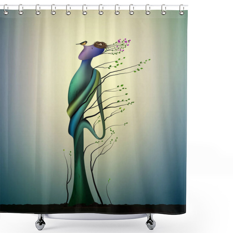 Personality  Alive Happy Spring Tree With Titmouses Bird, Concept Of Happy Tree, Tree Soul, Man Like Smile To The Bird, Fairytale In The Nature, Plant Alive Idea, Shower Curtains