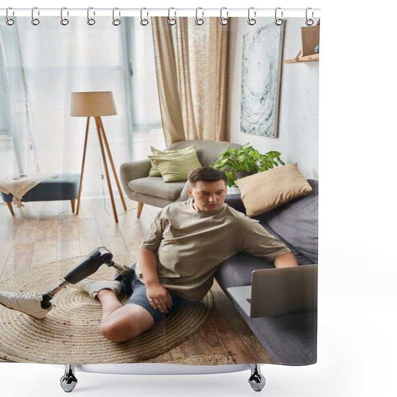 Personality  Handsome Young Man Seated On The Floor, Focused On His Laptop In A Comfortable Home Setting. Shower Curtains