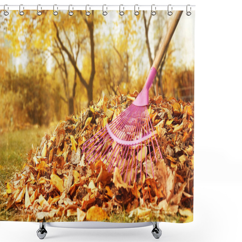 Personality  Fan Rake And Pile Of Fallen Leaves In Autumn Park, Close Up View Shower Curtains