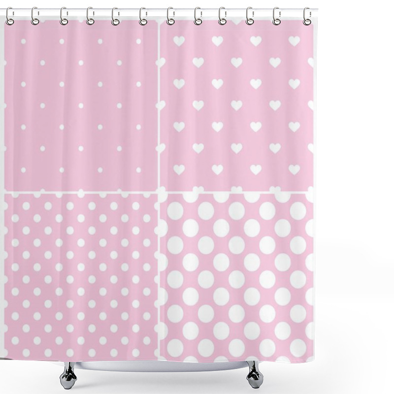 Personality  Cute Pink Tile Vector Pattern Set With White Polka Dots And Hearts On Pastel Background Shower Curtains