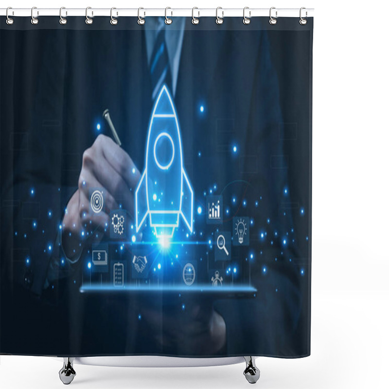 Personality  The Tablet Shows A Rocket And An Icon. Concept Of Startup Business, Entrepreneurship Idea, And Online Digital Business. Network Connection On The Interface Marketing, Technology, And Success Shower Curtains