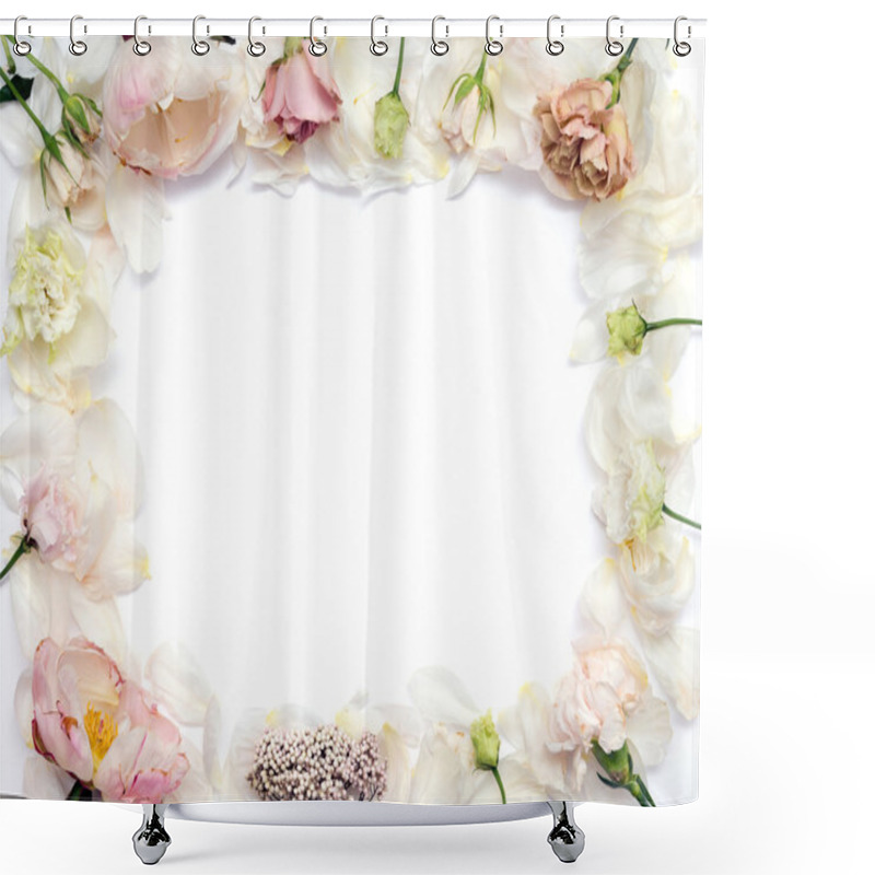 Personality  Pastel Peonies, Roses And Carnations On A White Background With Space For Text Shower Curtains