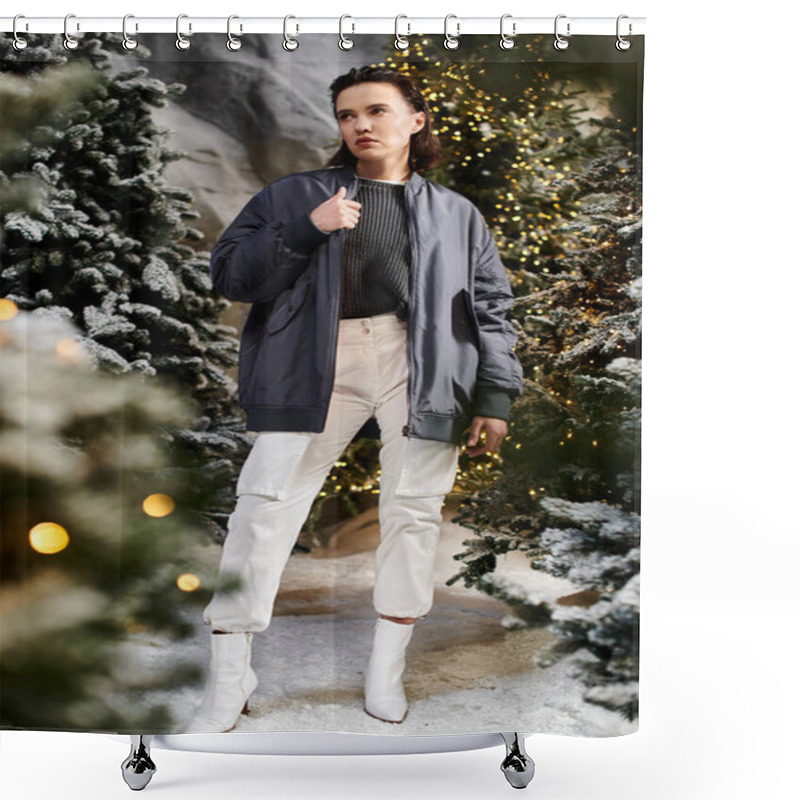 Personality  A Woman Dressed In Chic Winter Clothing Stands Gracefully Among Snow-covered Pine Trees, Embodying Holiday Cheer. Shower Curtains