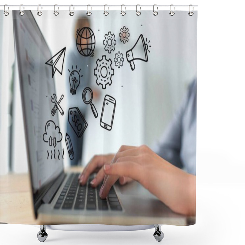 Personality  Cropped Image Of Businesswoman Working With Laptop, Hand-drawn Business Icons Shower Curtains