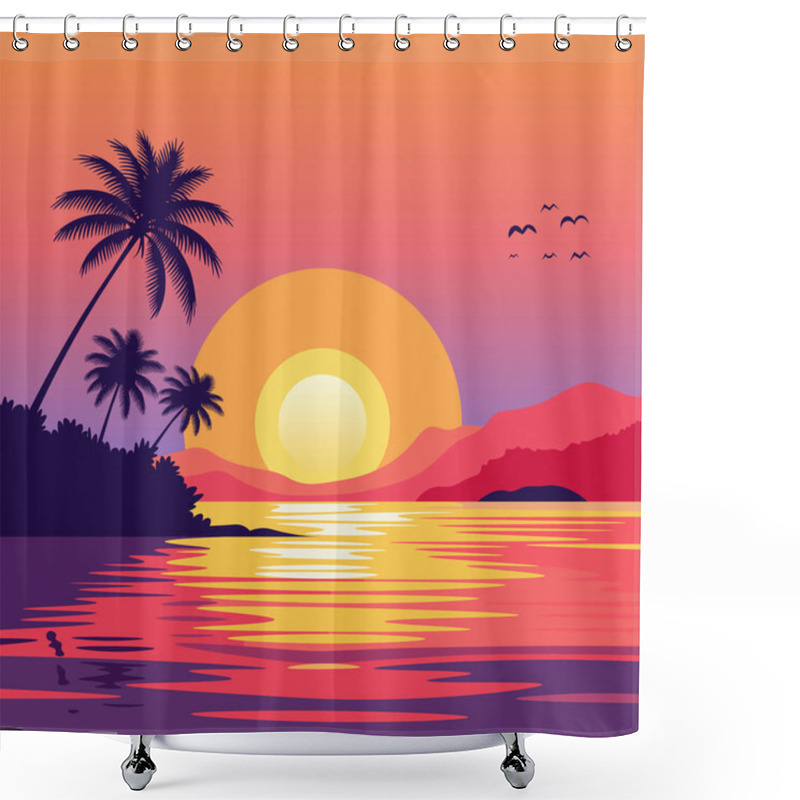 Personality  A Beautiful Tropical Sunset Scene With Palm Trees, Calm Waters, And Vivid Orange, Pink, And Purple Hues. Vector Shower Curtains