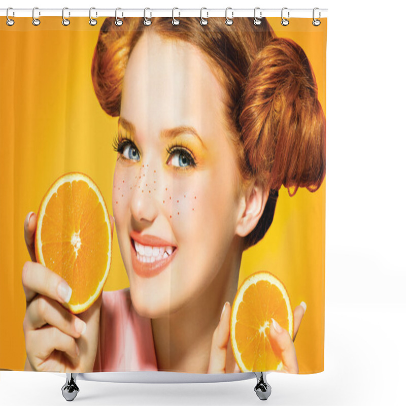 Personality  Model Girl With Juicy Oranges. Shower Curtains