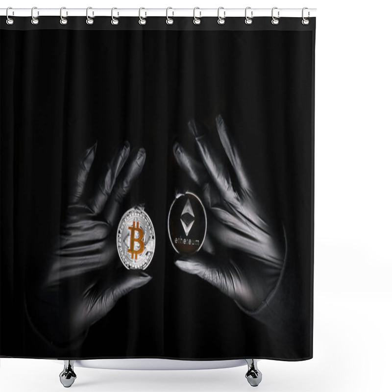 Personality  Hands In A Black Gloves Holding Bitcoin And Ethereum Coin Against Black Background. International Hacker Is Trying To Steel Your Crypto Currencys. Blockchain Security. Shower Curtains