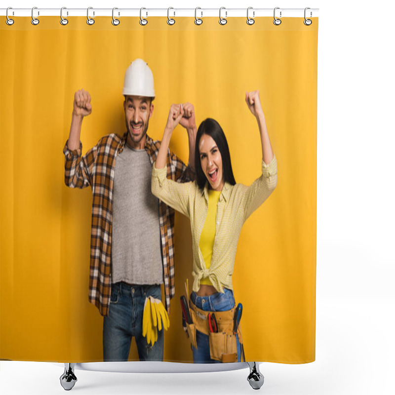 Personality  Successful Manual Workers With Hands Up On Yellow   Shower Curtains