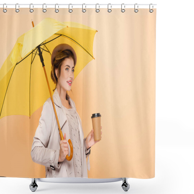 Personality  Elegant Woman In Trench Coat And Beret Holding Paper Cup Under Yellow Umbrella On Peach Shower Curtains