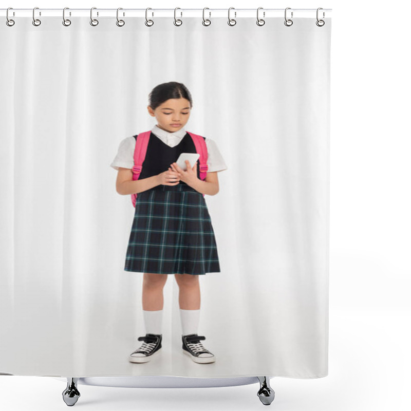 Personality  Digital Age, Schoolgirl With Backpack Holding Smartphone On White, Student In Uniform, Full Length Shower Curtains