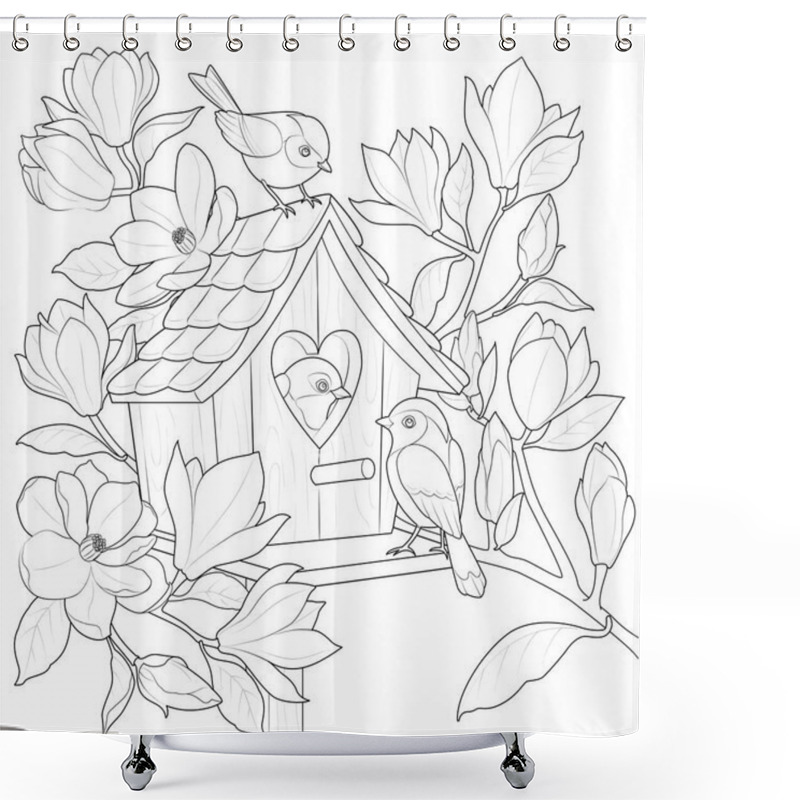 Personality  Birds In The Birdhouse On A Magnolia Branch. Black And White. Art Therapy Coloring Page For Kids And Adults. Page For Relaxation And Meditation. Vector Contour Illustration. Shower Curtains