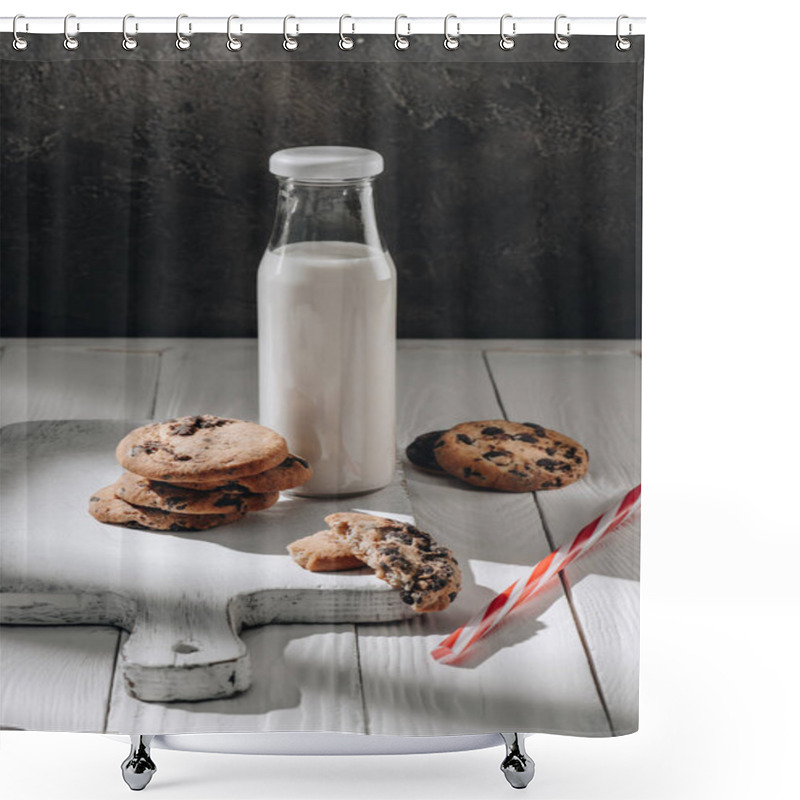 Personality  Delicious Chocolate-chip Cookies With Bottle Of Milk On Wooden Board Shower Curtains