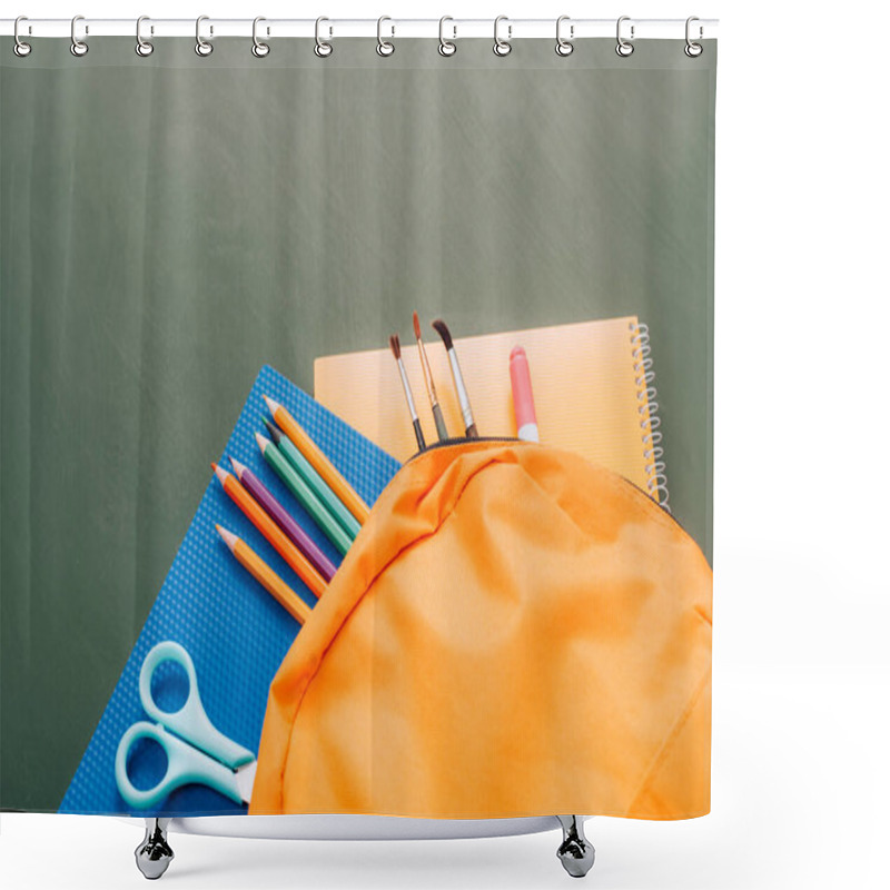 Personality  High Angle View Of Yellow Backpack With School Supplies On Green Chalkboard Shower Curtains