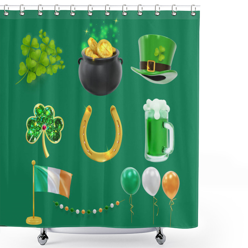 Personality  Set Of Symbols And Elements For St. Patrick's Day. 3d Icons Green Cone Hat, Beer, Glasses Of Beer, Cauldrons With Gold, Three-leaf And Four-leaf Clovers, Flags, Horseshoes. Vector Illustration. Shower Curtains