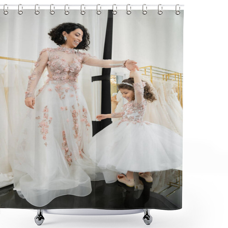 Personality  Happy Middle Eastern Woman In Floral Wedding Dress Dancing With Smiling Girl In Cute Attire With Tulle Skirt In Bridal Salon, Shopping, Special Moment, Mother And Daughter, Happiness  Shower Curtains