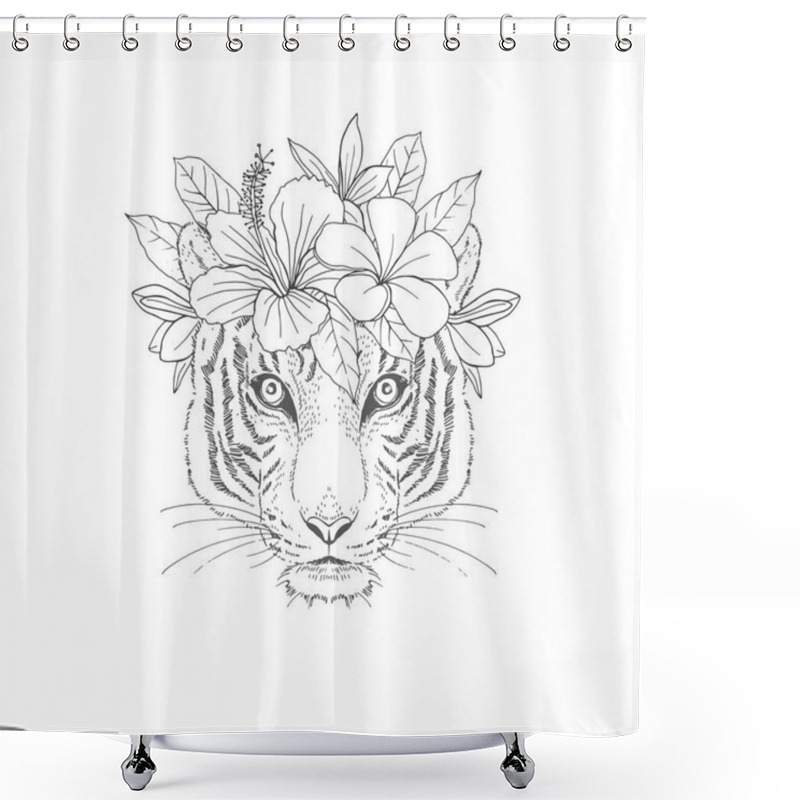 Personality  Tiger With Floral Wreath Hand Drawn Sketch Shower Curtains