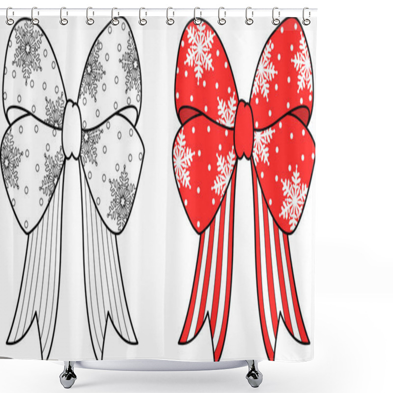 Personality  Hand Drawn Christmas Floral Red Snowflakes Pattern Bow Ribbon With Editable Line Thicknes. Vector Illustration. Shower Curtains