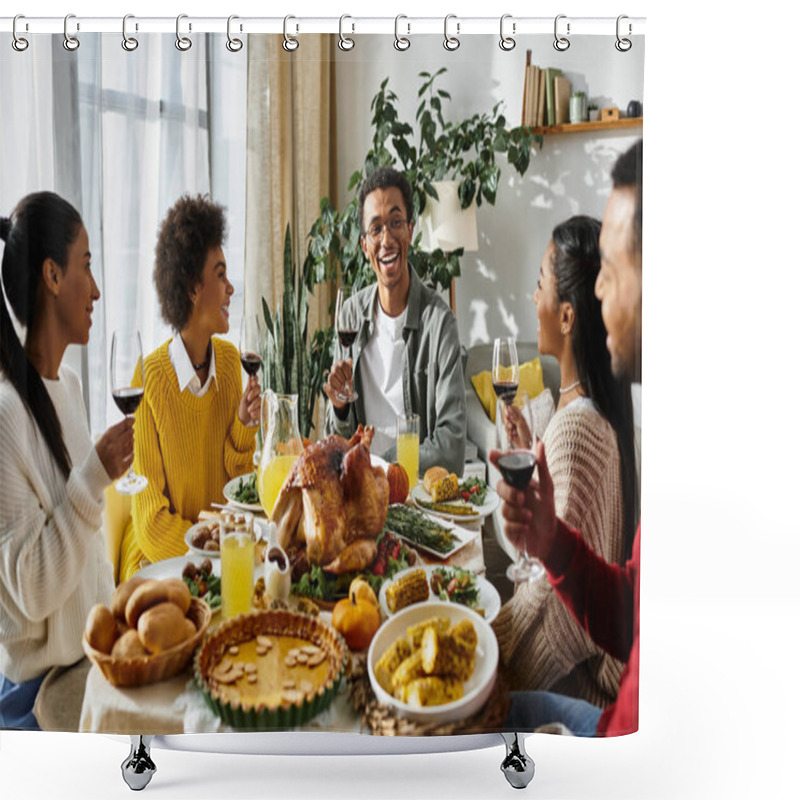 Personality  A Group Of Friends Enjoy A Festive Thanksgiving Meal Filled With Laughter, Food, And Drinks. Shower Curtains