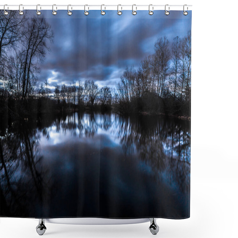 Personality  Fantastic Beautiful Long Exposure Sunset Photograph With Blue And Pink Clouds Above With Mirrored Reflection Of The Trees And Sky In The Calm Water Of A Pond In Wisconsin Making A Gorgeous Background. Shower Curtains