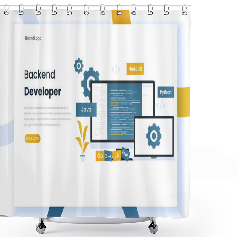 Personality  Flat Design Backend Developer Landing Page. Building A Website Illustration Engine. This Illustration Can Be Used For Websites, Banners, Mobile Apps And Others Shower Curtains