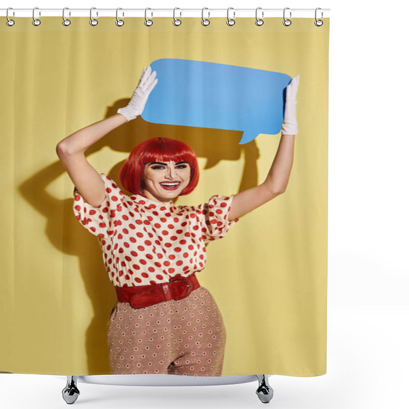 Personality  A Creative Redhead Woman In Pop Art Makeup And Polka Dot Blouse Holds A Vibrant Blue Speech Bubble On A Yellow Background. Shower Curtains