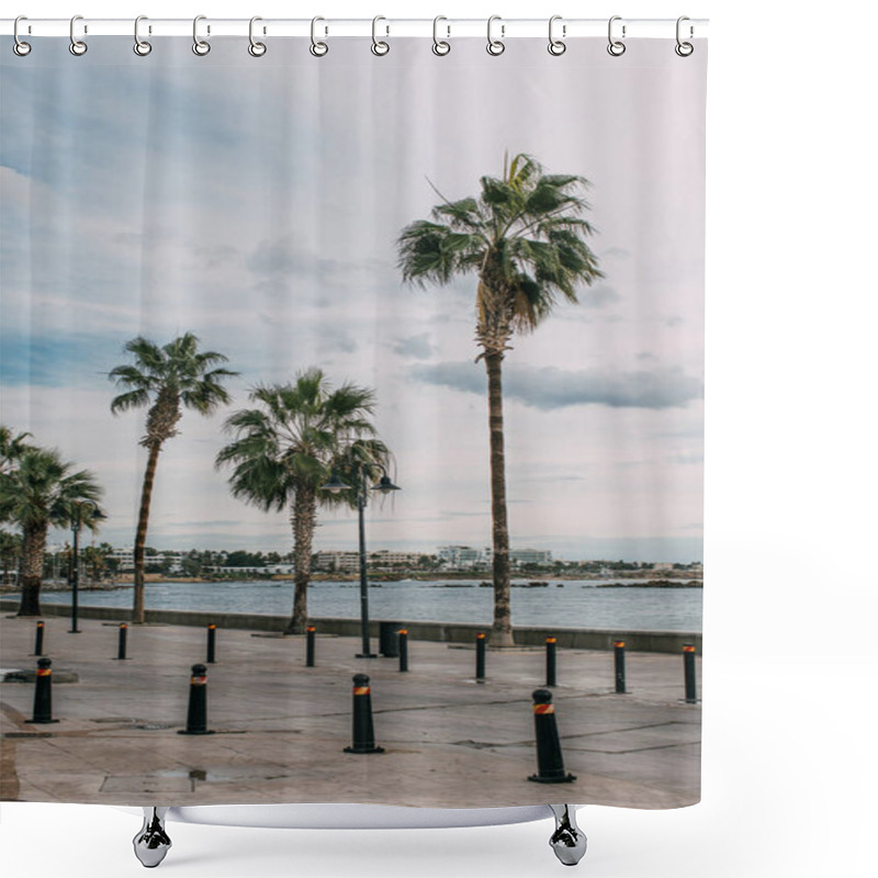 Personality  Green Palm Trees Near Mediterranean Sea Against Sky With Clouds  Shower Curtains