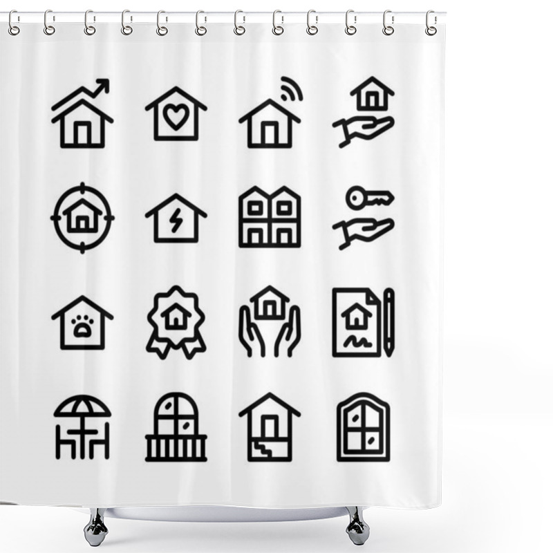 Personality  Simple Set Of Real Estate Related Vector Line Icons. Contains Icons As Growth, Sweet Home, Mortgage Loan, Pet House And More. Shower Curtains