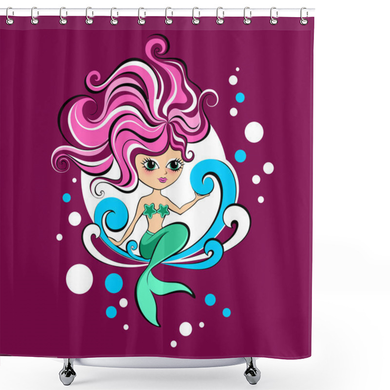 Personality  Pink Cartoon Mermaid Sitting In The Waves Shower Curtains