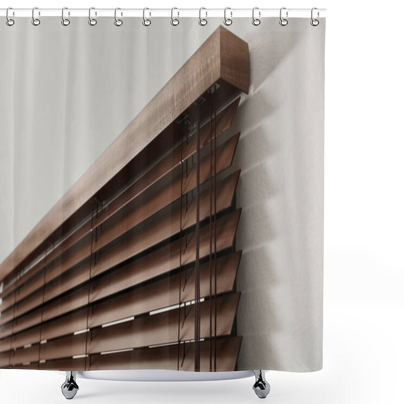 Personality  Modern Window With Closed Stylish Wooden Blinds Indoors, Closeup View Shower Curtains