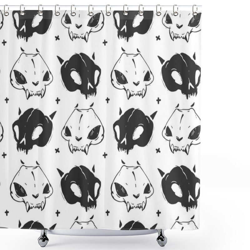 Personality  Hand Drawn Vector Abstract Artistic Freehand Textured Ink Seamless Pattern With Cat Skulls Isolated On Black Background Shower Curtains