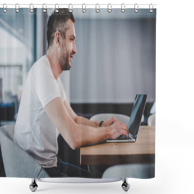 Personality  Side View Of Handsome Male Freelancer Using Laptop With Blank Screen At Home  Shower Curtains