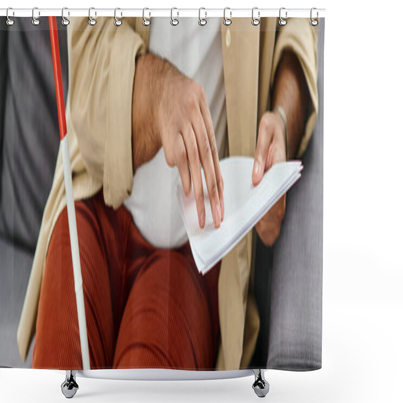 Personality  Cropped View Of Indian Blind Man In Comfy Clothing Sitting On Sofa And Reading Braille Code, Banner Shower Curtains