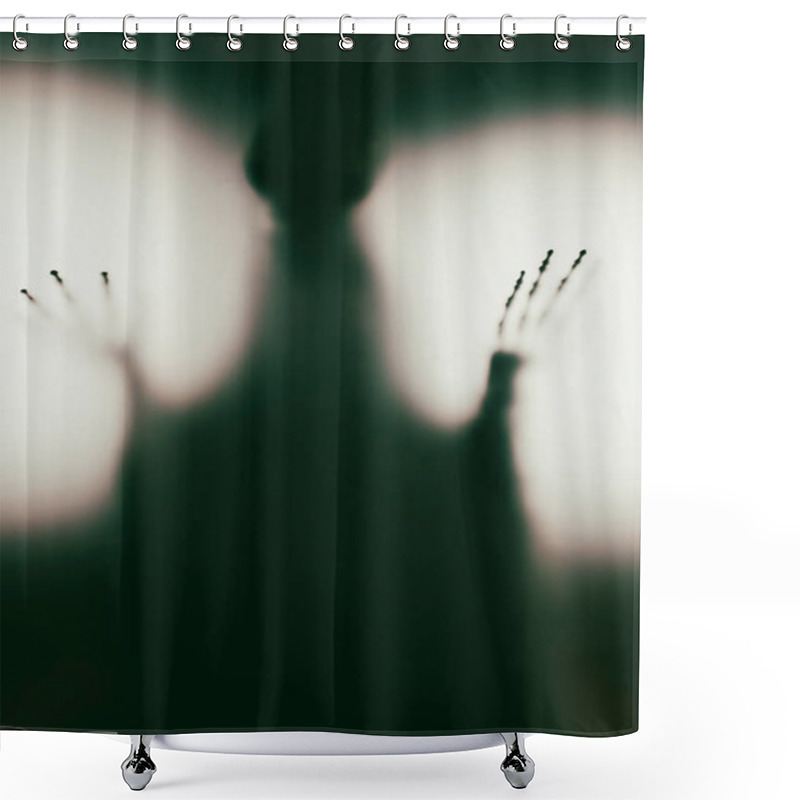 Personality  Horror Skeleton Or Grim Reaper Behind The Matte Glass. Halloween Festival Concept.Blurred Picture Shower Curtains