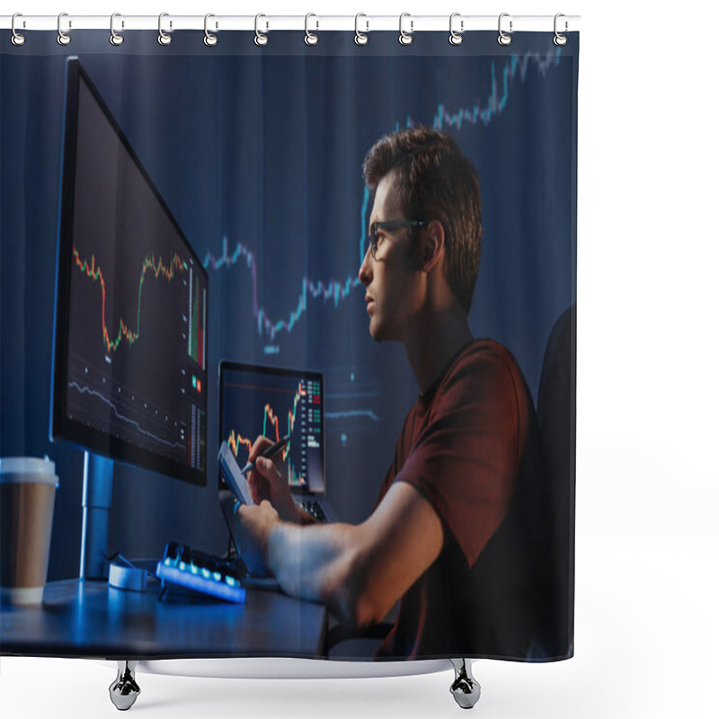 Personality  Side View Of Young Man Trader Analyst At Working Table, Analyzing Financial Chart, Stock Quotes, Share Prices, Trading Online, Checking Data On Cryptocurrency Graph On Computer Screen, Making Notes Shower Curtains