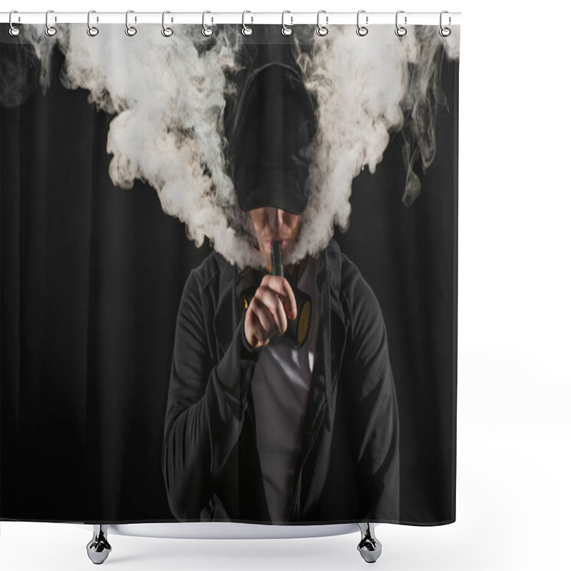 Personality  Young Bearded Man Wearing Cap Exhaling Smoke Of Electronic Cigarette Isolated On Black Shower Curtains