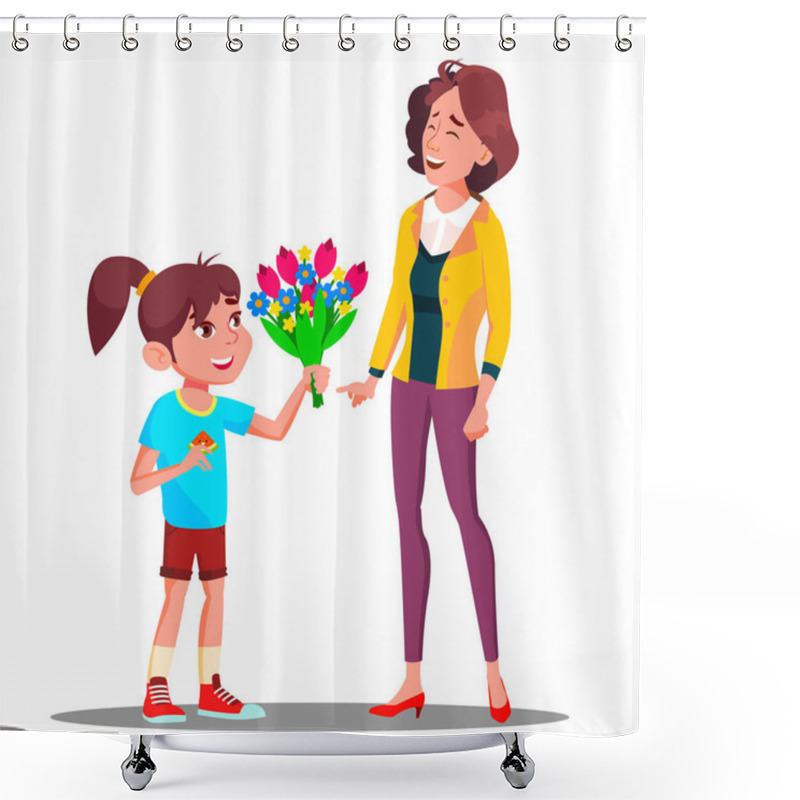 Personality  Little Girl Gives Flowers To Mother, Happy Mother S Day Vector. Present, Gift. Isolated Illustration Shower Curtains