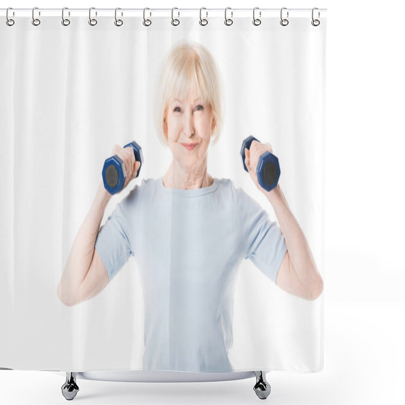 Personality  Senior Sportswoman Training With Dumbbells Isolated On White Shower Curtains