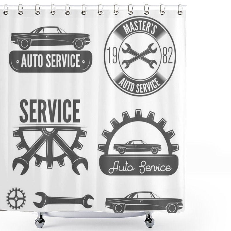 Personality  Set Of Badge, Emblem And Label Element For Mechanic, Garage, Car Repair Or Auto Service Shower Curtains