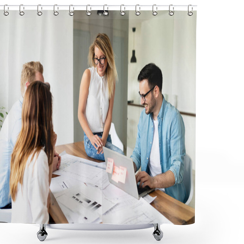 Personality  Group Of Young Business People Working And Communicating While Sitting At The Office Desk Together With Colleagues Shower Curtains