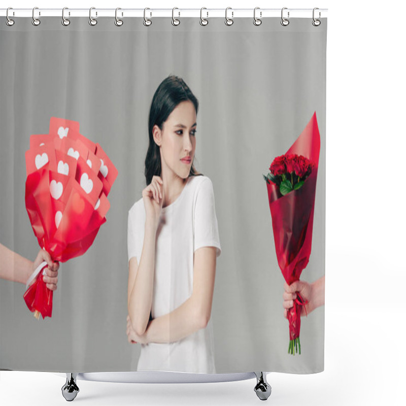 Personality  Cropped View Of Male Hands With Bouquet Of Roses And Bouquet Made Of Red Paper Cut Cards Near Attractive Young Woman Isolated On Grey Shower Curtains